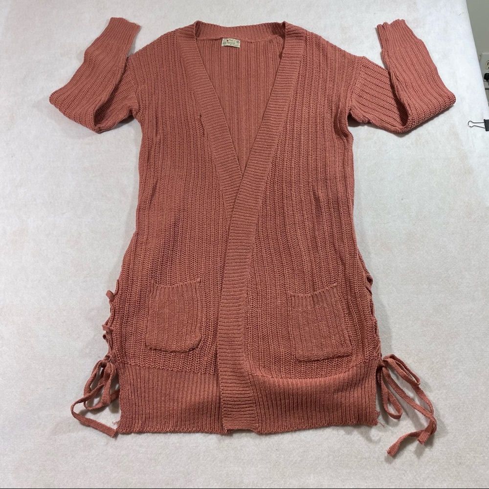 Boho Poof Long Line Open Cardigan Sweater Lace up Sides Long Sleeve Sweater Med
